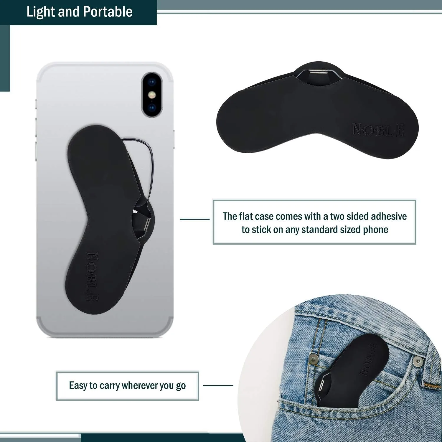 Noble Ultra Slim and Flat Reading Glasses Thin and Flexible Armless (2 Pairs) Enhanced Comfort Nose Rest, Armless Pocket Size Readers with 2 Stick-on Silicone Case Holder (Black,  1.00)