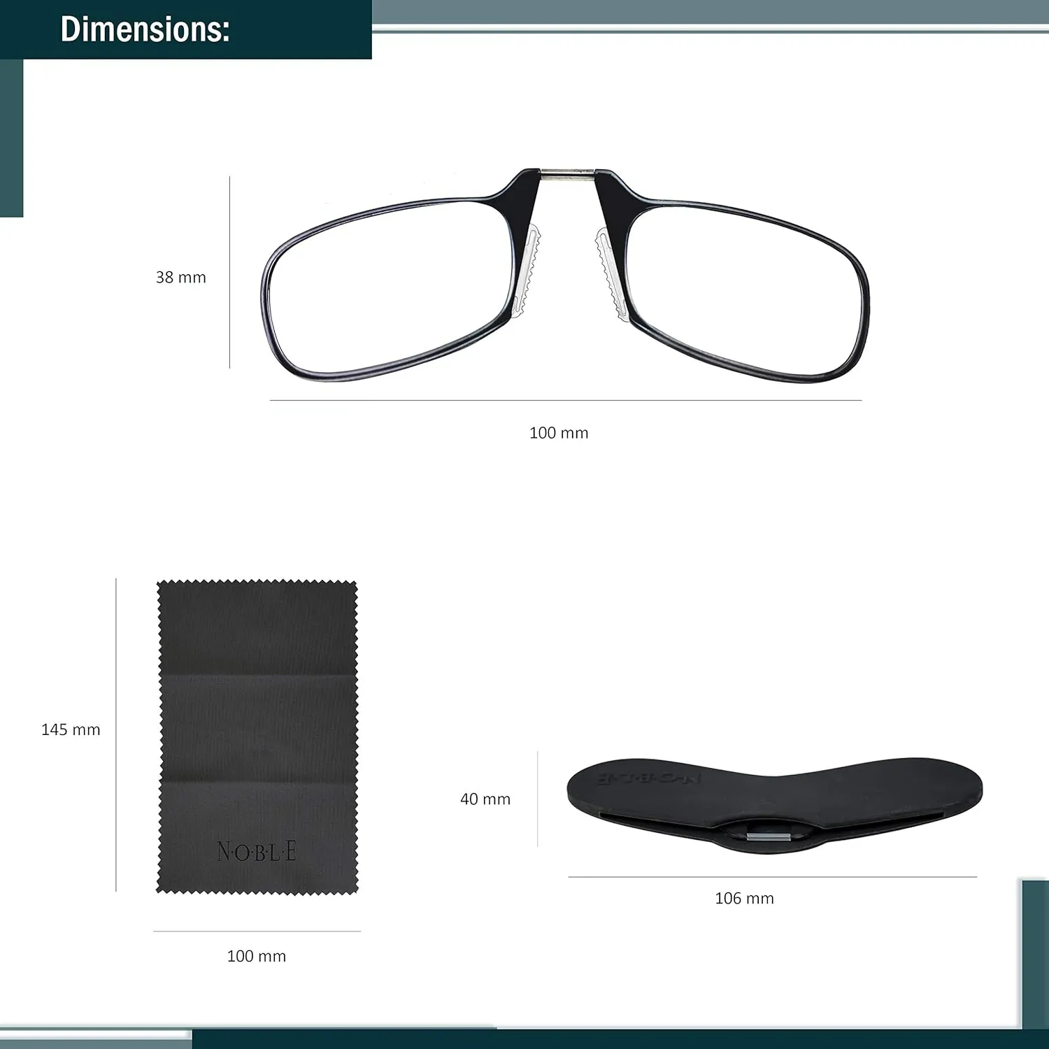 Noble Ultra Slim and Flat Reading Glasses Thin and Flexible Armless (2 Pairs) Enhanced Comfort Nose Rest, Armless Pocket Size Readers with 2 Stick-on Silicone Case Holder (Black,  1.00)