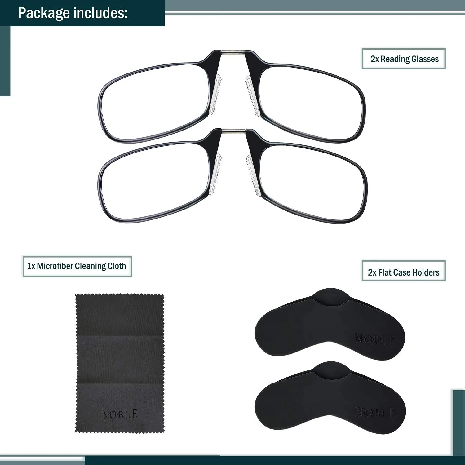 Noble Ultra Slim and Flat Reading Glasses Thin and Flexible Armless (2 Pairs) Enhanced Comfort Nose Rest, Armless Pocket Size Readers with 2 Stick-on Silicone Case Holder (Black,  1.00)