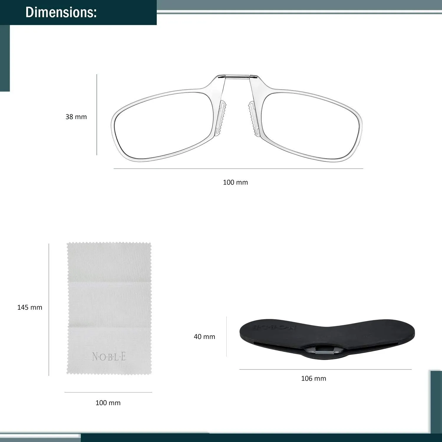 Noble Ultra Slim and Flat Reading Glasses Thin and Flexible Armless (2 Pairs) Enhanced Comfort Nose Rest, Armless Pocket Size Readers with 2 Stick-on Silicone Case Holder (Clear,  2.50)