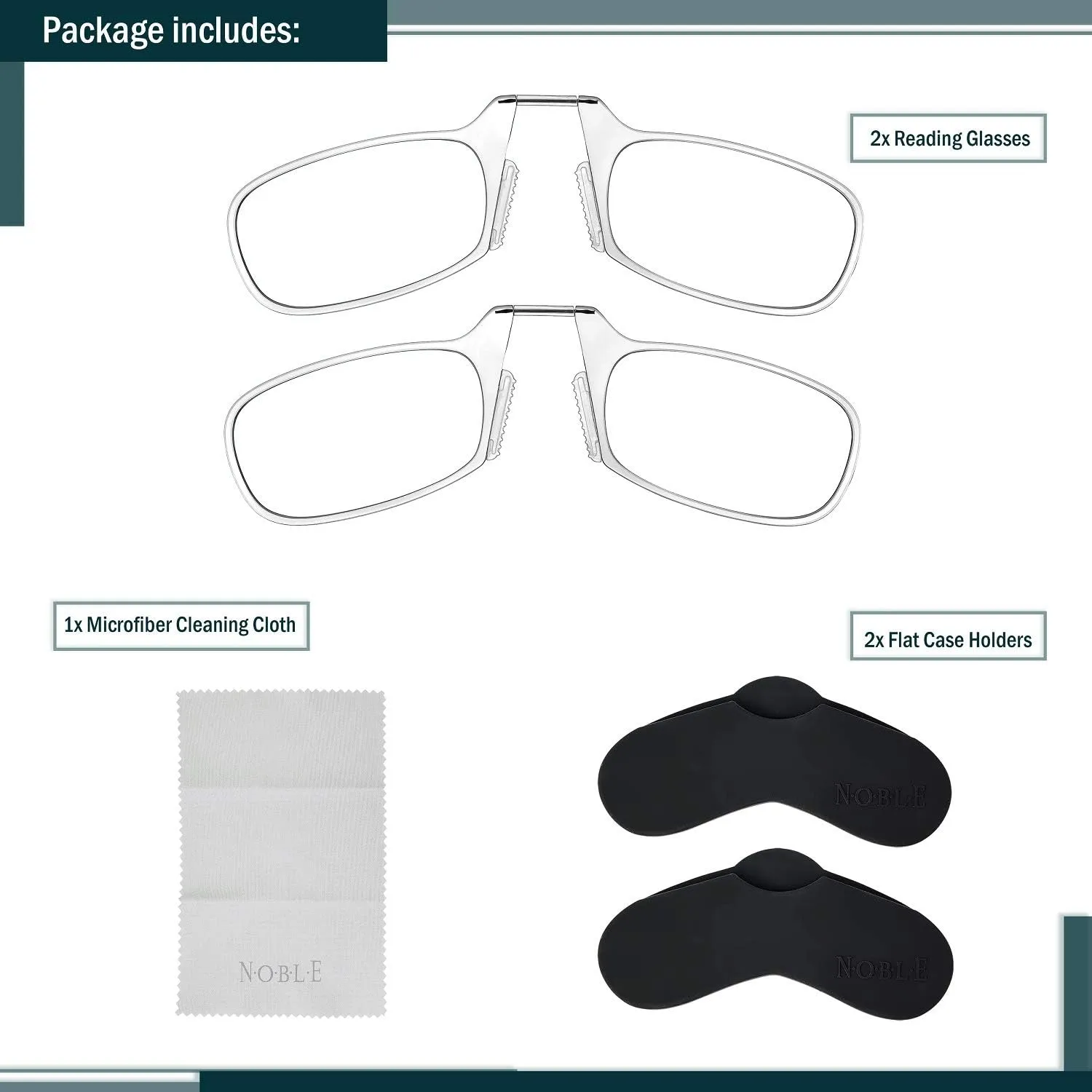 Noble Ultra Slim and Flat Reading Glasses Thin and Flexible Armless (2 Pairs) Enhanced Comfort Nose Rest, Armless Pocket Size Readers with 2 Stick-on Silicone Case Holder (Clear,  2.50)
