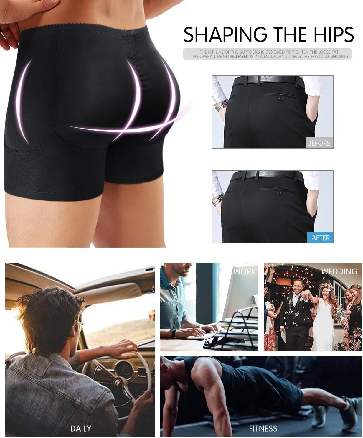 NonEcho Men Padded Underwear Briefs Boxers Men Butt Booster Hip Enhancer 4 Detachable Pads