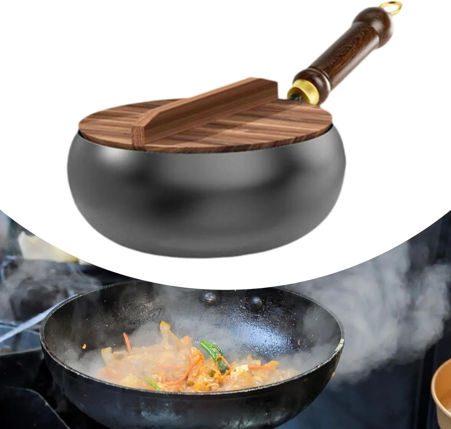 Nonstick Skillet Cooking Wok with Wood Handle and Flat Bottom Gas Cookware Induction Cooker Chinese Stir Deep Frying Pan Steak Pancakes Pan for Restaurant Camping Hotel, wood lid