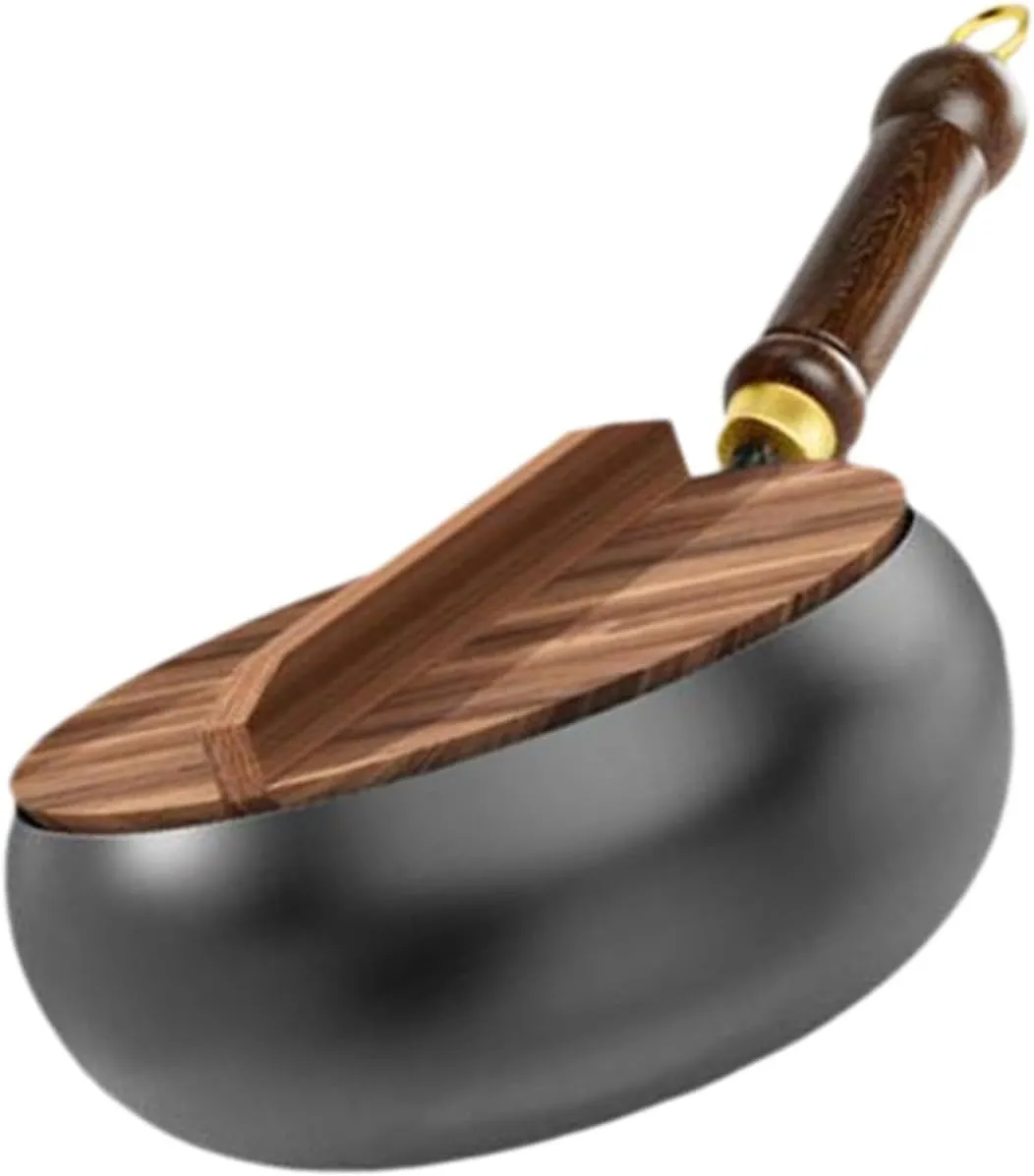 Nonstick Skillet Cooking Wok with Wood Handle and Flat Bottom Gas Cookware Induction Cooker Chinese Stir Deep Frying Pan Steak Pancakes Pan for Restaurant Camping Hotel, wood lid