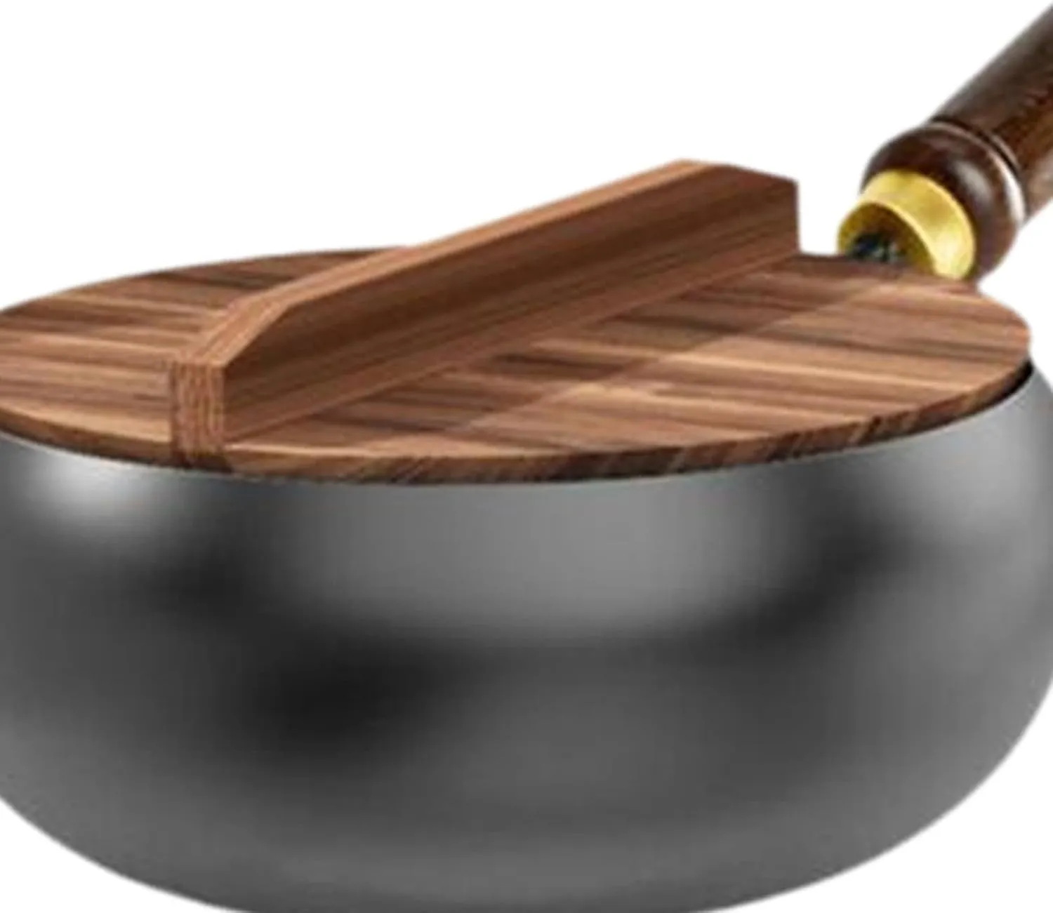 Nonstick Skillet Cooking Wok with Wood Handle and Flat Bottom Gas Cookware Induction Cooker Chinese Stir Deep Frying Pan Steak Pancakes Pan for Restaurant Camping Hotel, wood lid