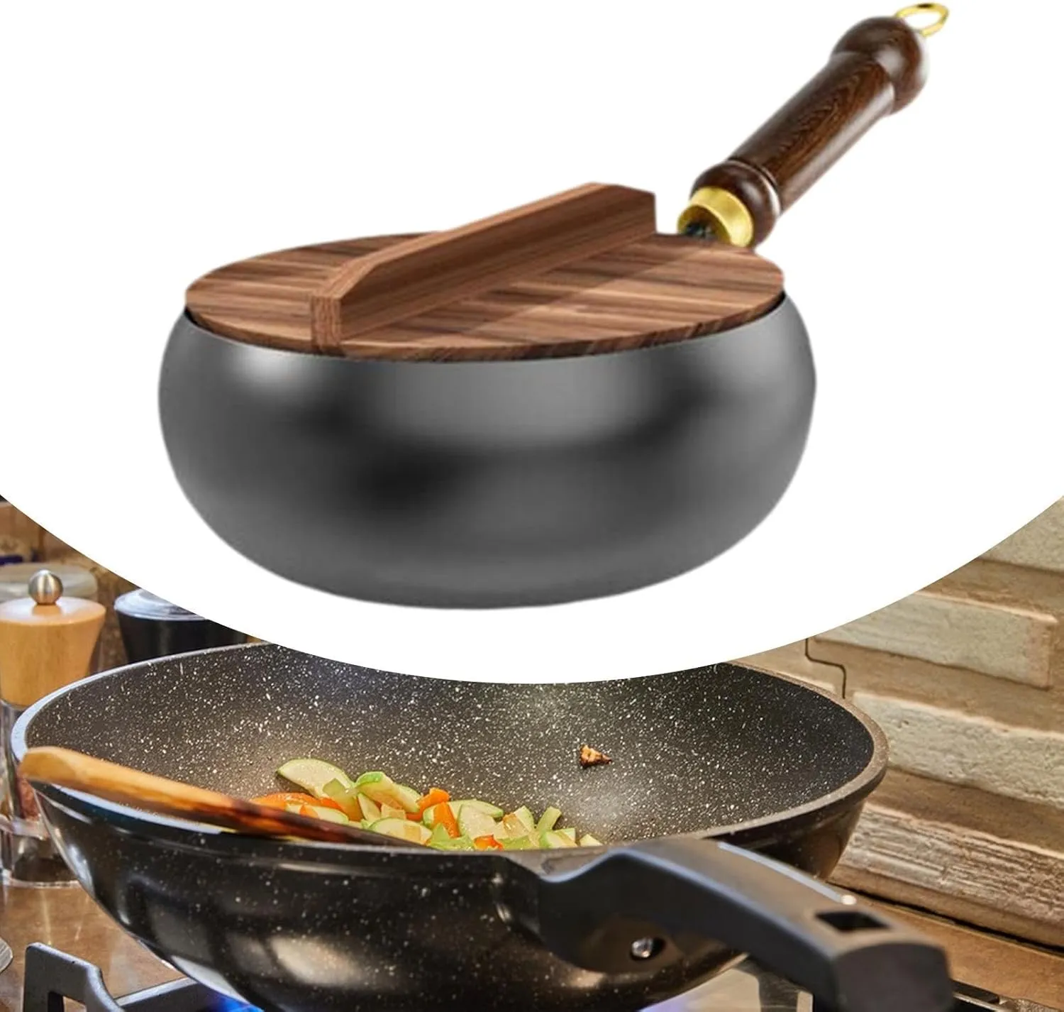 Nonstick Skillet Cooking Wok with Wood Handle and Flat Bottom Gas Cookware Induction Cooker Chinese Stir Deep Frying Pan Steak Pancakes Pan for Restaurant Camping Hotel, wood lid