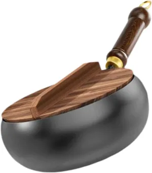 Nonstick Skillet Cooking Wok with Wood Handle and Flat Bottom Gas Cookware Induction Cooker Chinese Stir Deep Frying Pan Steak Pancakes Pan for Restaurant Camping Hotel, wood lid