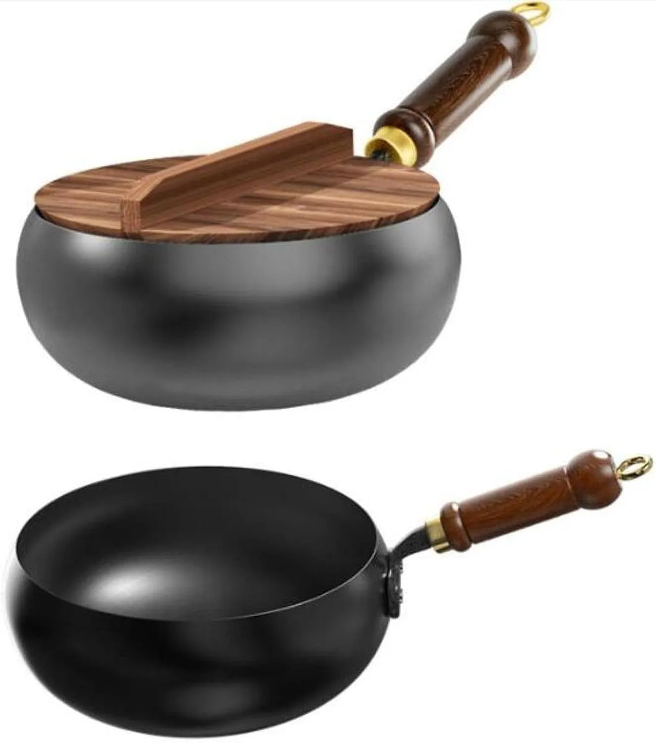 Nonstick Skillet Cooking Wok with Wood Handle and Flat Bottom Gas Cookware Induction Cooker Chinese Stir Deep Frying Pan Steak Pancakes Pan for Restaurant Camping Hotel, wood lid
