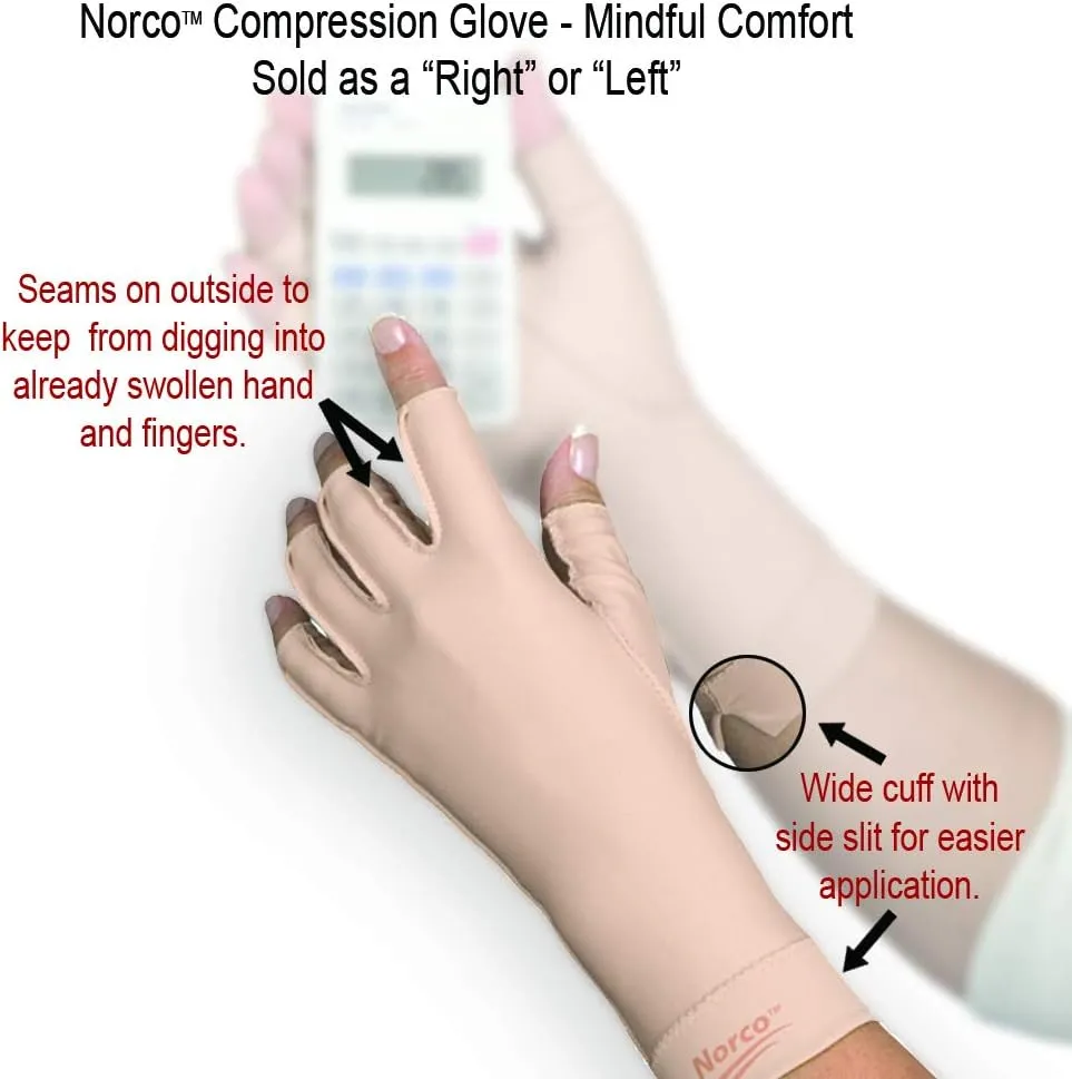 Norco Therapeutic Compression Edema Glove Indications - Swelling and Arthritis Pain for Women and Men. Fingerless. Soft Stretchy Fabric for Warmth. Outside Seams for Comfort. Sold as Right or Left.