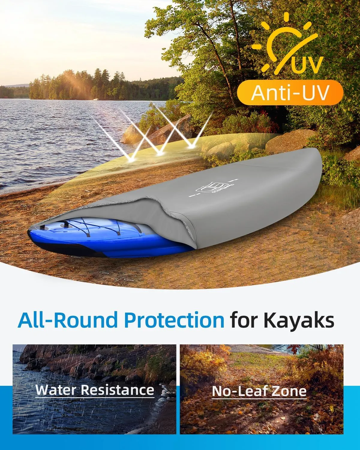 OCEANBROAD 300D/420D/600D Kayak Cover, Water-Resistant UV-Resistant Kayak Canoe Fishing Boat Dust Covers for Indoor and Outdoor Storage, Suitable for 13.8-15ft Kayak, 420D Gray