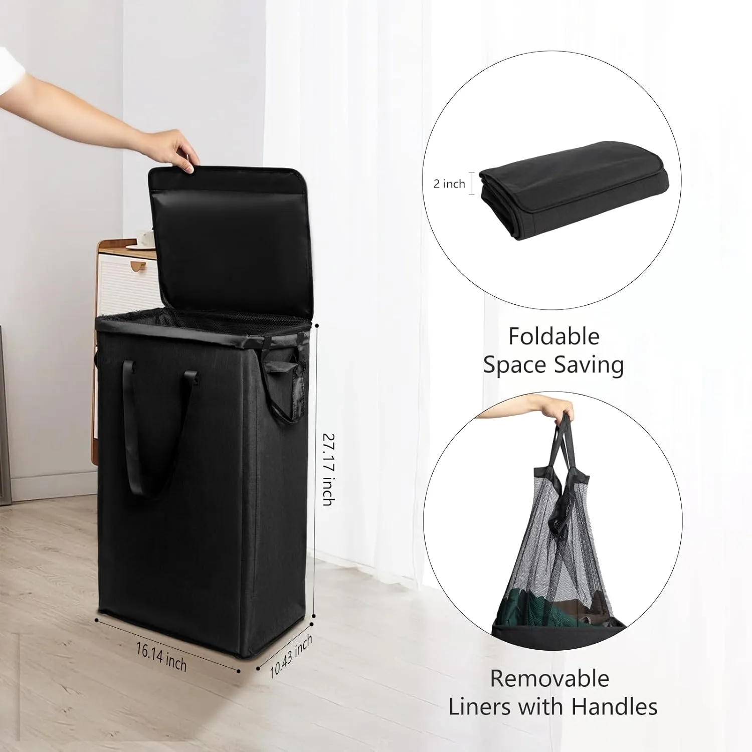Odonata 75L Slim Laundry Hamper with Lid,Large Foldable Laundry Basket with Removable Bag and Handles Tall Collapsible Dirty Clothes Basket Great for Bedroom, Bathroom, Dorm, College,RV.(Black, 75L)