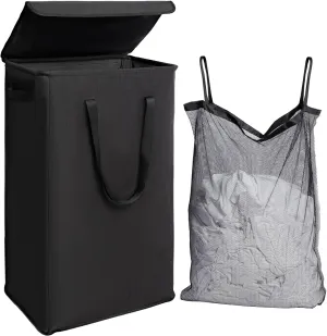 Odonata 75L Slim Laundry Hamper with Lid,Large Foldable Laundry Basket with Removable Bag and Handles Tall Collapsible Dirty Clothes Basket Great for Bedroom, Bathroom, Dorm, College,RV.(Black, 75L)