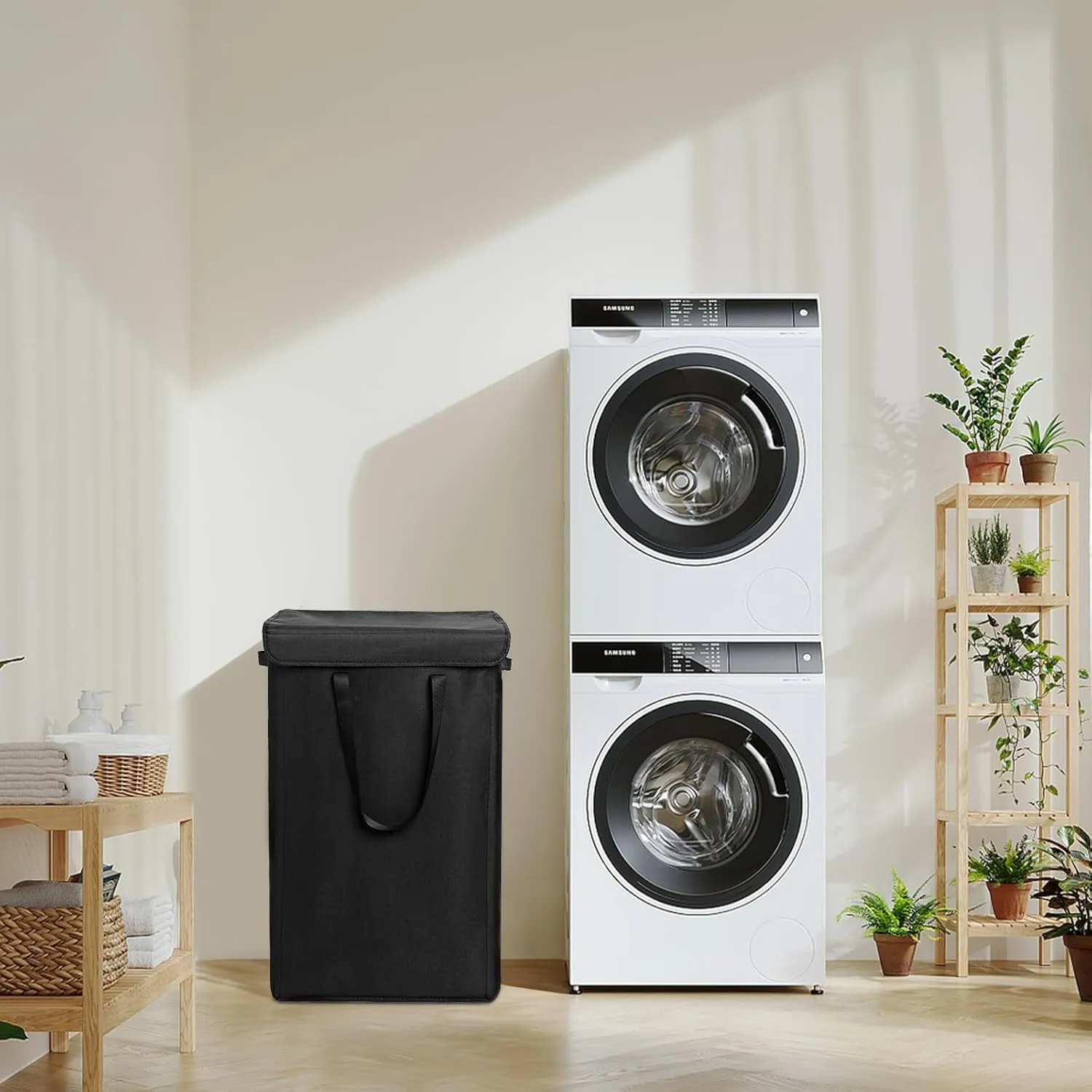 Odonata 75L Slim Laundry Hamper with Lid,Large Foldable Laundry Basket with Removable Bag and Handles Tall Collapsible Dirty Clothes Basket Great for Bedroom, Bathroom, Dorm, College,RV.(Black, 75L)
