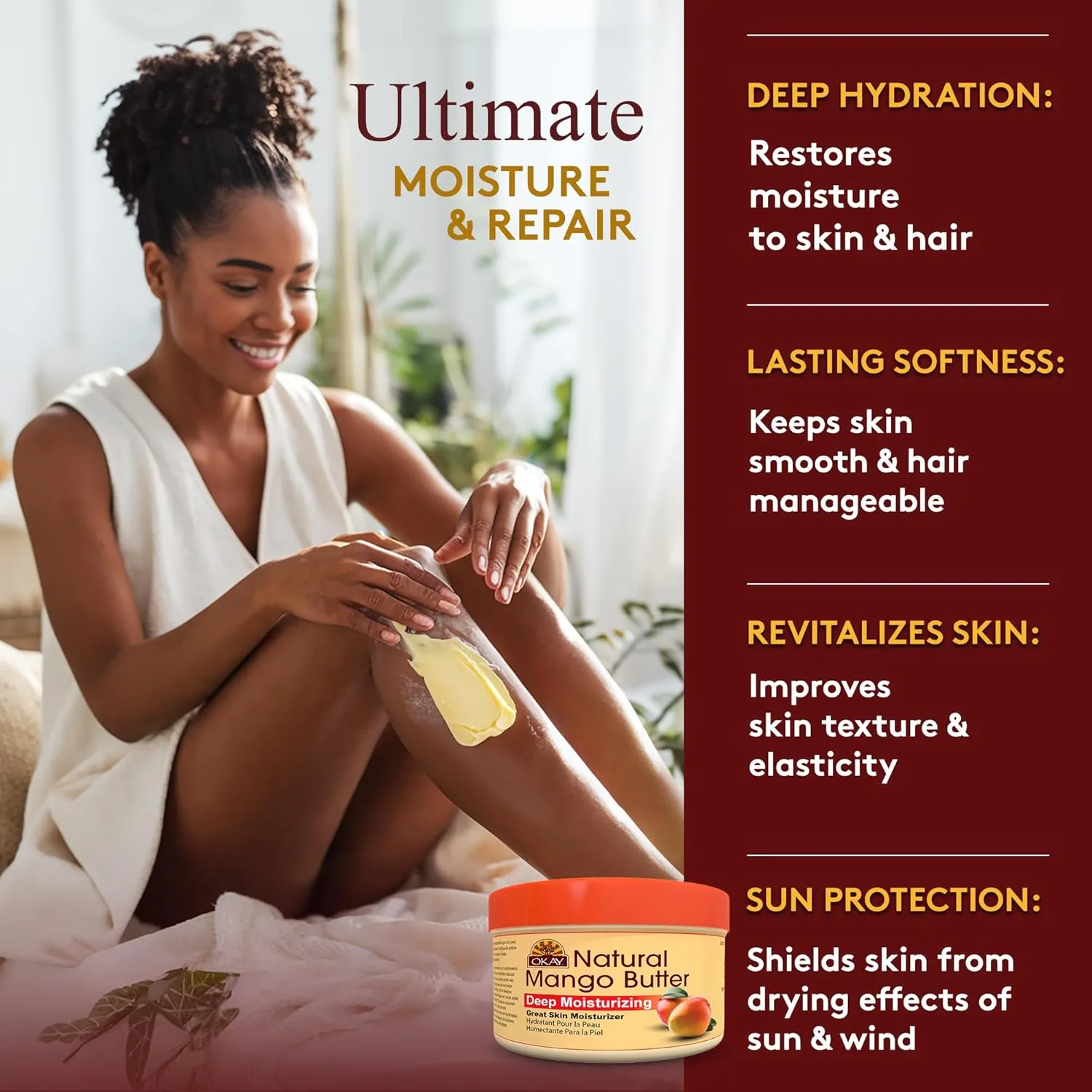 Okay Pure Naturals Shea & Mango Body Butter for Skin - Shea Butter for Women and Men, Daily Moisturizer for Hair and Body, Helps with Stretch Marks, Soothes Dry Skin - 1 oz jar (Pack of 1)
