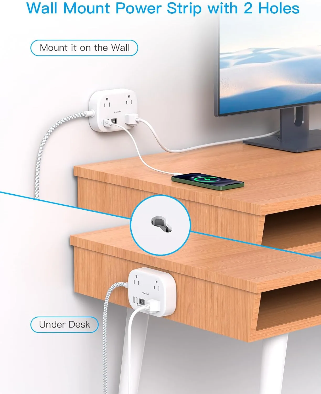 One Beat Cruise Ship Essentials,Travel Power Strip with USB C,Flat Plug Extension Cord with 3 Outlets 4 USB Ports(2 USB C),15 ft Desk Wall Outlet Extender,Non Surge Protector for Cruise,Dorm Room,ETL