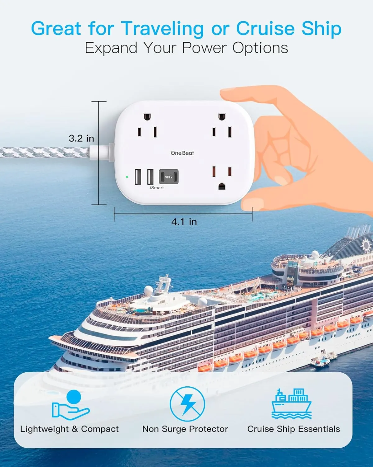 One Beat Cruise Ship Essentials,Travel Power Strip with USB C,Flat Plug Extension Cord with 3 Outlets 4 USB Ports(2 USB C),15 ft Desk Wall Outlet Extender,Non Surge Protector for Cruise,Dorm Room,ETL