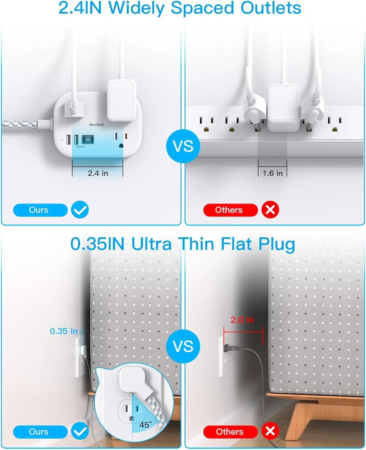 One Beat Cruise Ship Essentials,Travel Power Strip with USB C,Flat Plug Extension Cord with 3 Outlets 4 USB Ports(2 USB C),15 ft Desk Wall Outlet Extender,Non Surge Protector for Cruise,Dorm Room,ETL
