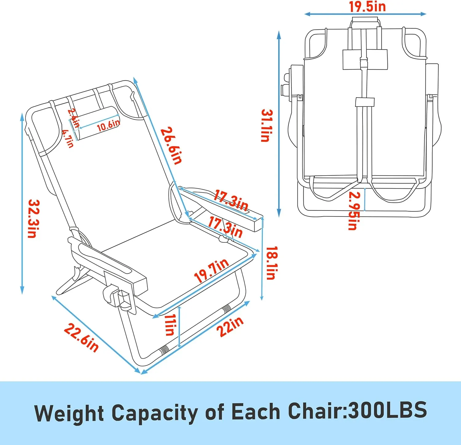 Outdoor Beach Foldable Chaise 2 Pack Lounge Chair with Detachable Pillow & Pocket, Portable Tanning Chair with 5 Position Adjustable Back, Beach, Pool and Camping, Striped Blue