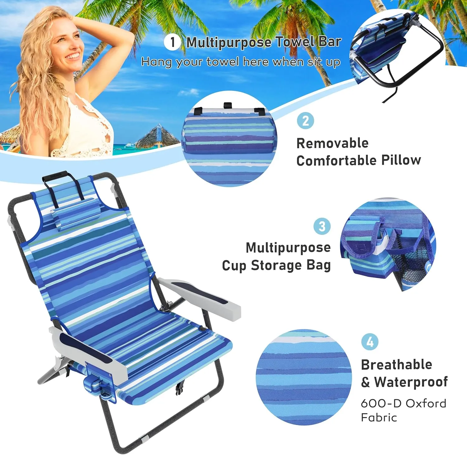 Outdoor Beach Foldable Chaise 2 Pack Lounge Chair with Detachable Pillow & Pocket, Portable Tanning Chair with 5 Position Adjustable Back, Beach, Pool and Camping, Striped Blue
