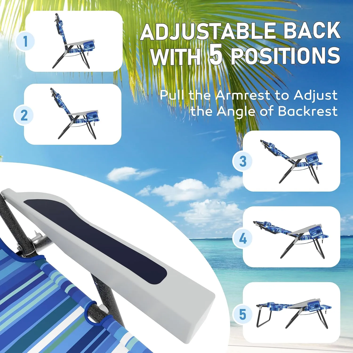 Outdoor Beach Foldable Chaise 2 Pack Lounge Chair with Detachable Pillow & Pocket, Portable Tanning Chair with 5 Position Adjustable Back, Beach, Pool and Camping, Striped Blue