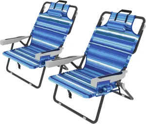 Outdoor Beach Foldable Chaise 2 Pack Lounge Chair with Detachable Pillow & Pocket, Portable Tanning Chair with 5 Position Adjustable Back, Beach, Pool and Camping, Striped Blue
