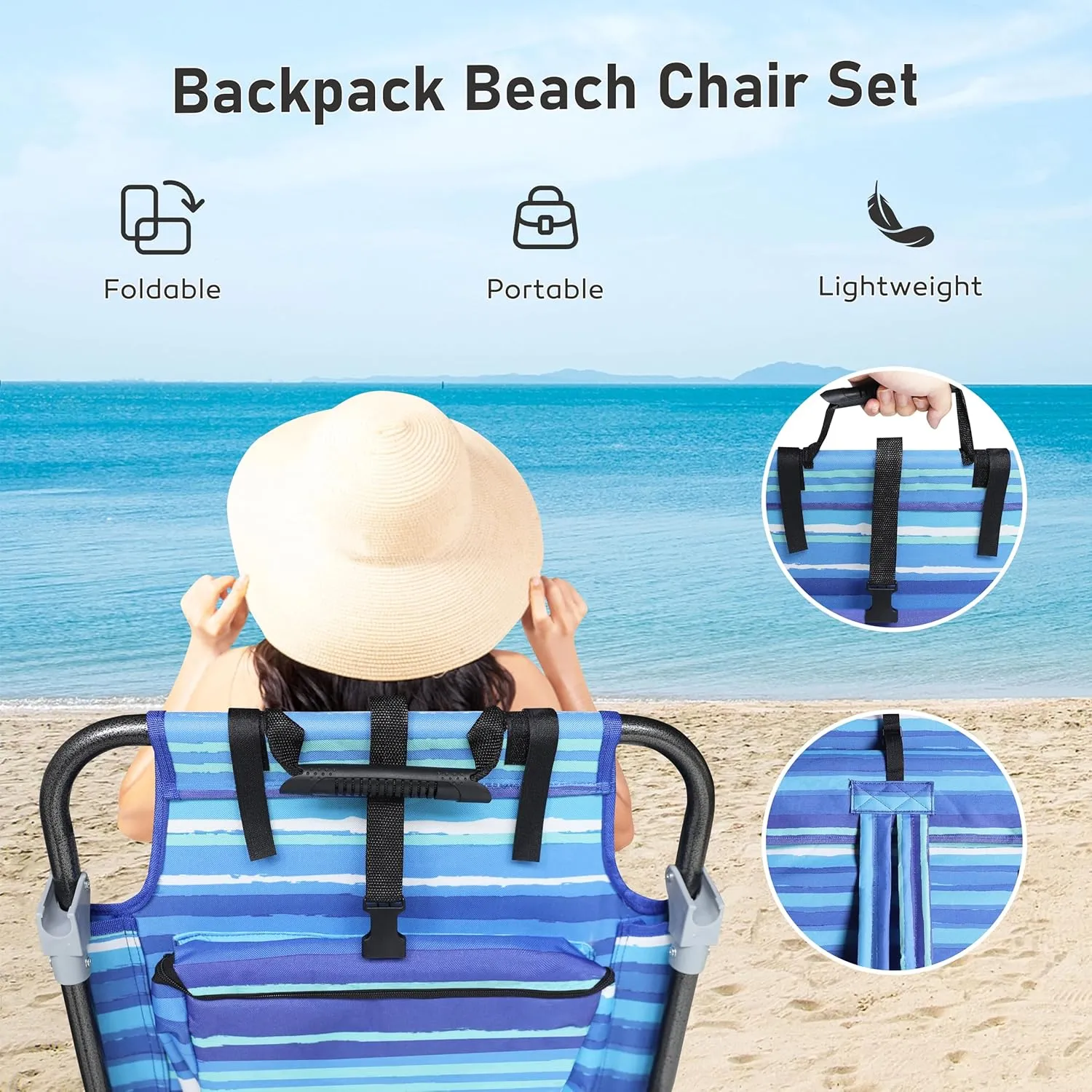 Outdoor Beach Foldable Chaise 2 Pack Lounge Chair with Detachable Pillow & Pocket, Portable Tanning Chair with 5 Position Adjustable Back, Beach, Pool and Camping, Striped Blue