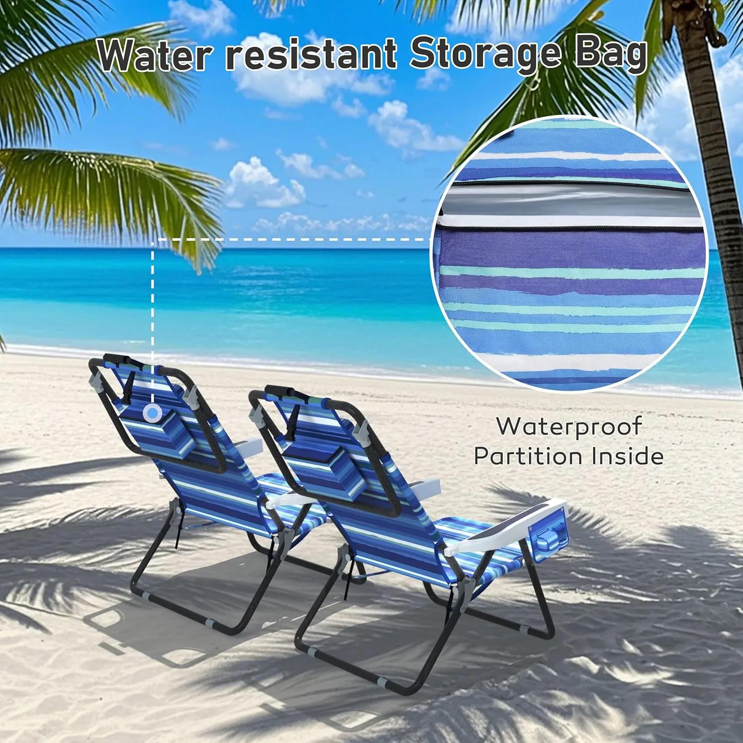 Outdoor Beach Foldable Chaise 2 Pack Lounge Chair with Detachable Pillow & Pocket, Portable Tanning Chair with 5 Position Adjustable Back, Beach, Pool and Camping, Striped Blue