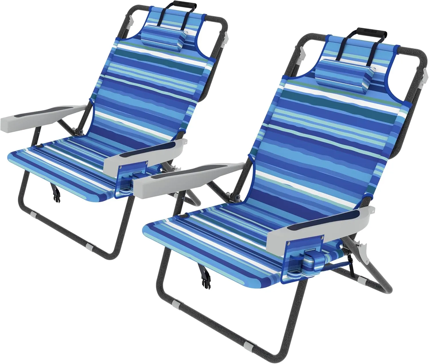 Outdoor Beach Foldable Chaise 2 Pack Lounge Chair with Detachable Pillow & Pocket, Portable Tanning Chair with 5 Position Adjustable Back, Beach, Pool and Camping, Striped Blue