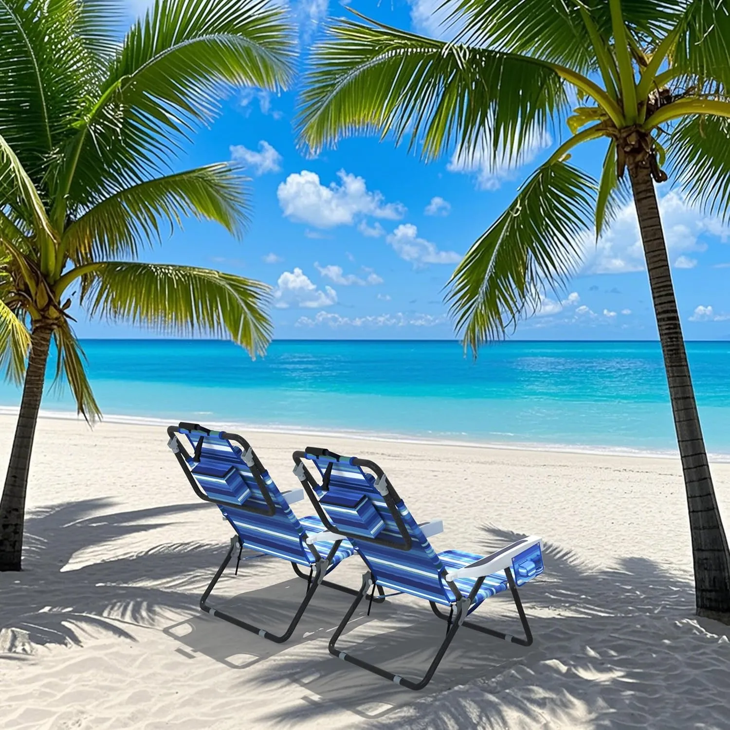 Outdoor Beach Foldable Chaise 2 Pack Lounge Chair with Detachable Pillow & Pocket, Portable Tanning Chair with 5 Position Adjustable Back, Beach, Pool and Camping, Striped Blue