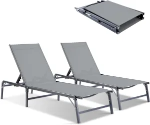 Outdoor Chaise Lounge Chair Set of 2, Foldable & Assemble-Free, 6 Adjustable Positions, Durable Rust-Resistant Frame, Portable Outdoor Pool Lounge Chairs for Pool Patio Beach, Grey