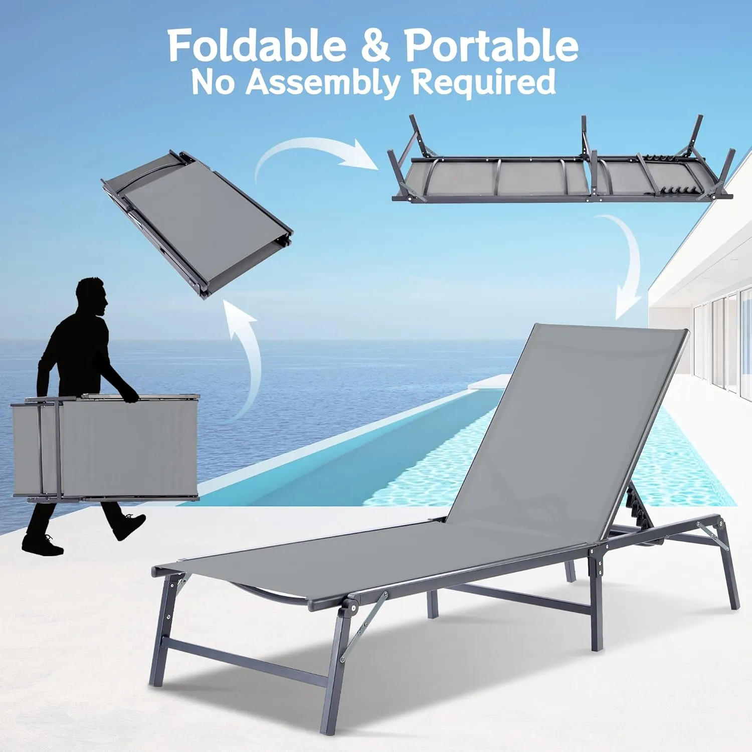 Outdoor Chaise Lounge Chair Set of 2, Foldable & Assemble-Free, 6 Adjustable Positions, Durable Rust-Resistant Frame, Portable Outdoor Pool Lounge Chairs for Pool Patio Beach, Grey