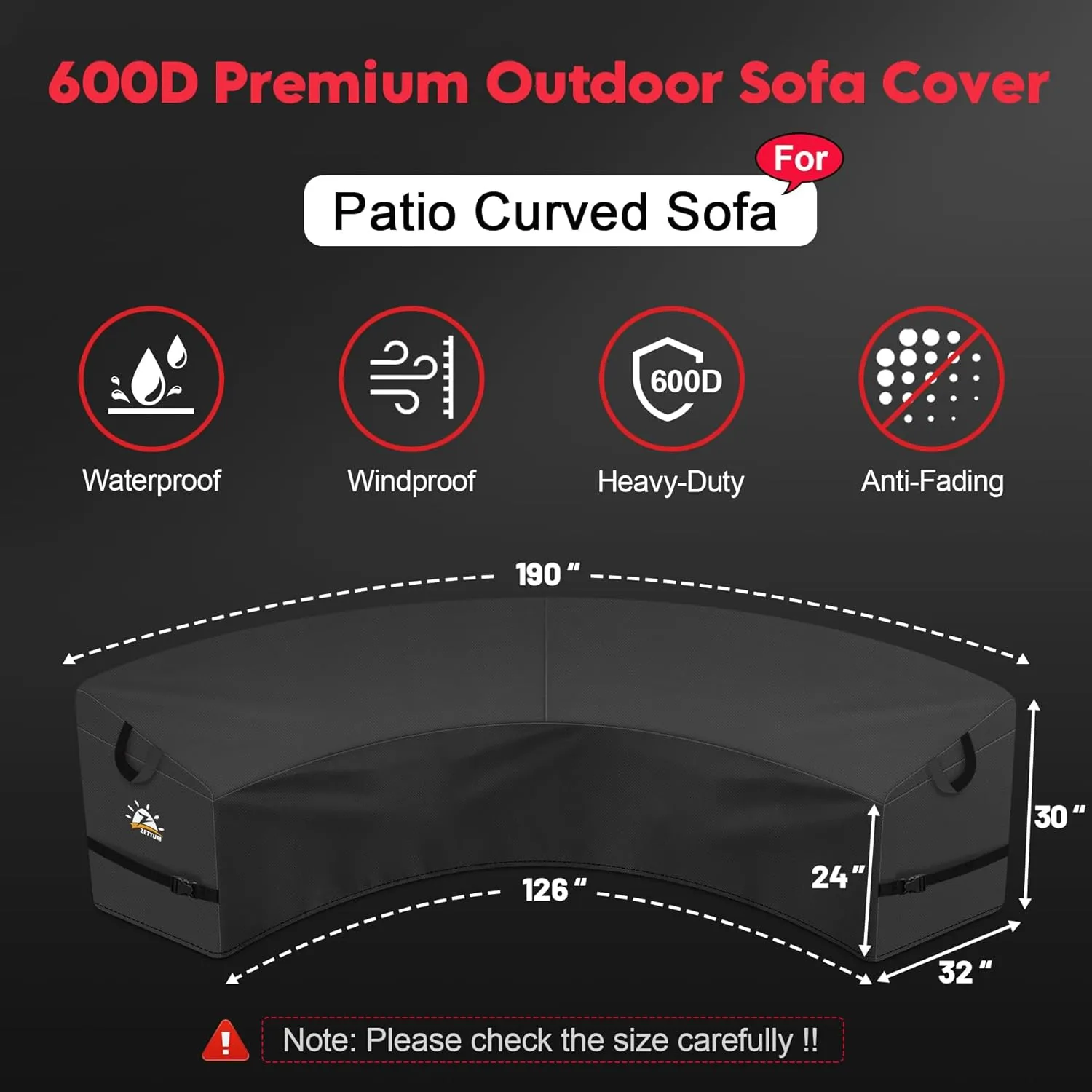 Outdoor Curved Sectional Cover - Patio Sectional Sofa Cover, 600D Waterproof Patio Furniture Covers for 5-7 Seater Outdoor Sectional Sofa and Couch, 190"(Back)/126"(Front)