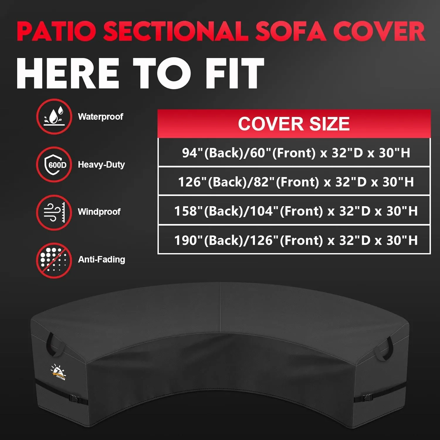 Outdoor Curved Sectional Cover - Patio Sectional Sofa Cover, 600D Waterproof Patio Furniture Covers for 5-7 Seater Outdoor Sectional Sofa and Couch, 190"(Back)/126"(Front)