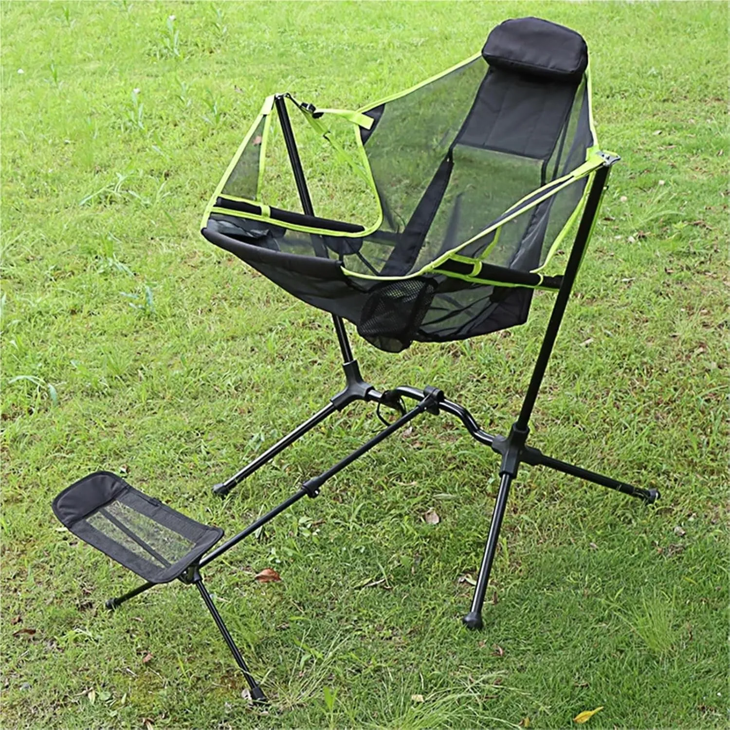 Outdoor Folding Rocking Chair with Footstool Can Adjustable Deck Armchair Portable Reclining Luxury Chair Camping Fishing Beach(Gray)