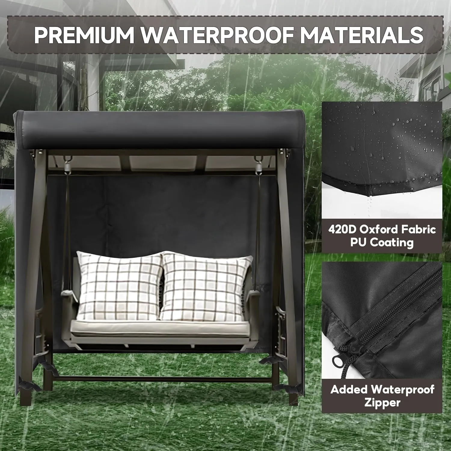 Outdoor Swing Cover for 2 Seater Patio, 65" L x 50" D x 66" H, Waterproof Porch Canopy Cover, Windproof UV Resistant All Weather Protector - Black