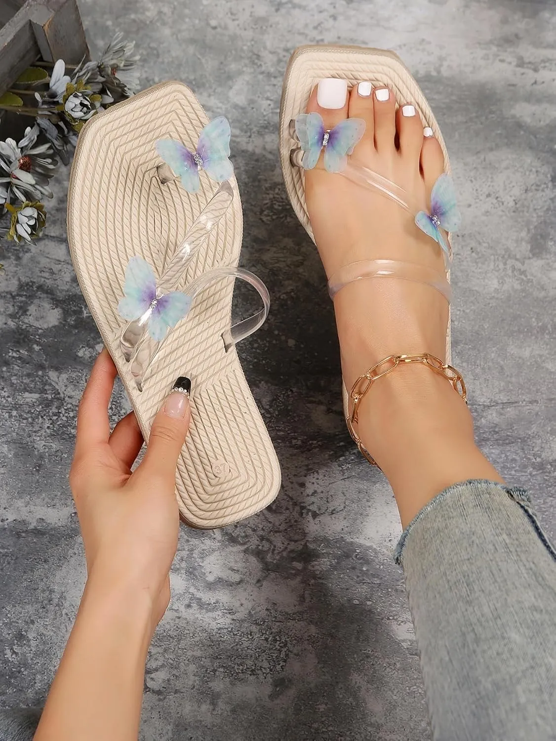 OYOANGLE Women's Butterfly Decor Clear Straps Square Open Toe Flat Sandals Toe Ring Strappy Thong Sandals
