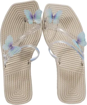 OYOANGLE Women's Butterfly Decor Clear Straps Square Open Toe Flat Sandals Toe Ring Strappy Thong Sandals