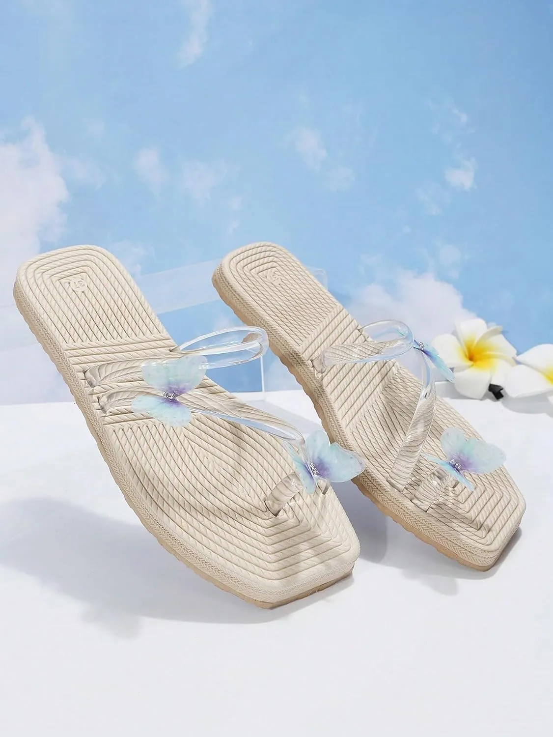 OYOANGLE Women's Butterfly Decor Clear Straps Square Open Toe Flat Sandals Toe Ring Strappy Thong Sandals