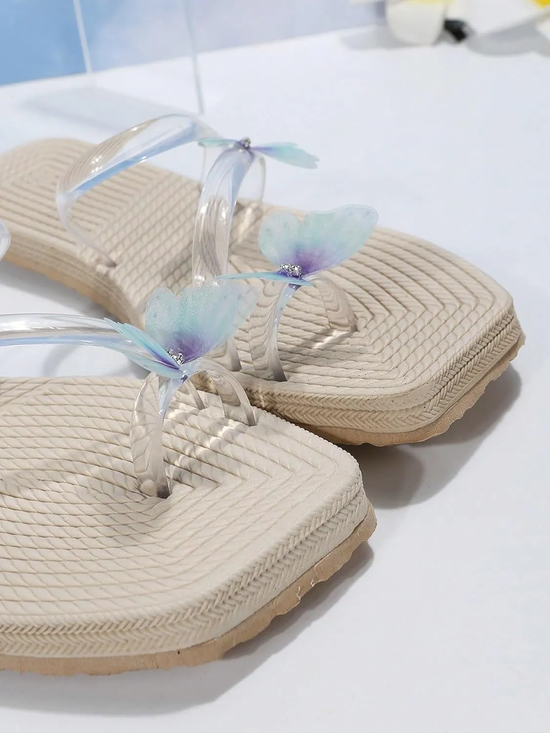 OYOANGLE Women's Butterfly Decor Clear Straps Square Open Toe Flat Sandals Toe Ring Strappy Thong Sandals
