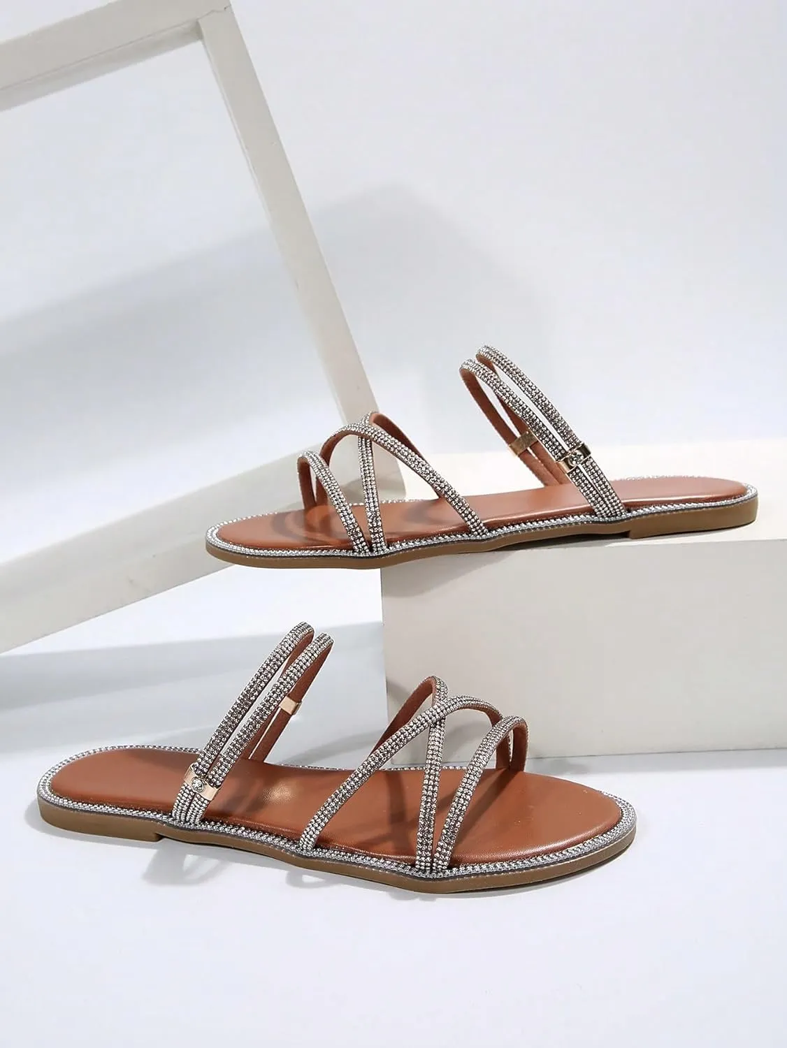 OYOANGLE Women's Rhinestone Strappy Open Toe Slide Sandals Slip on Casual Flat Sandals