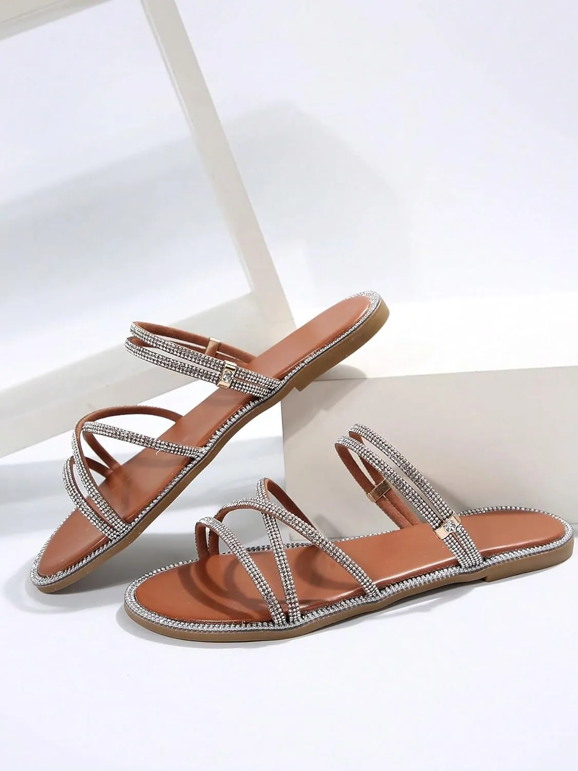 OYOANGLE Women's Rhinestone Strappy Open Toe Slide Sandals Slip on Casual Flat Sandals
