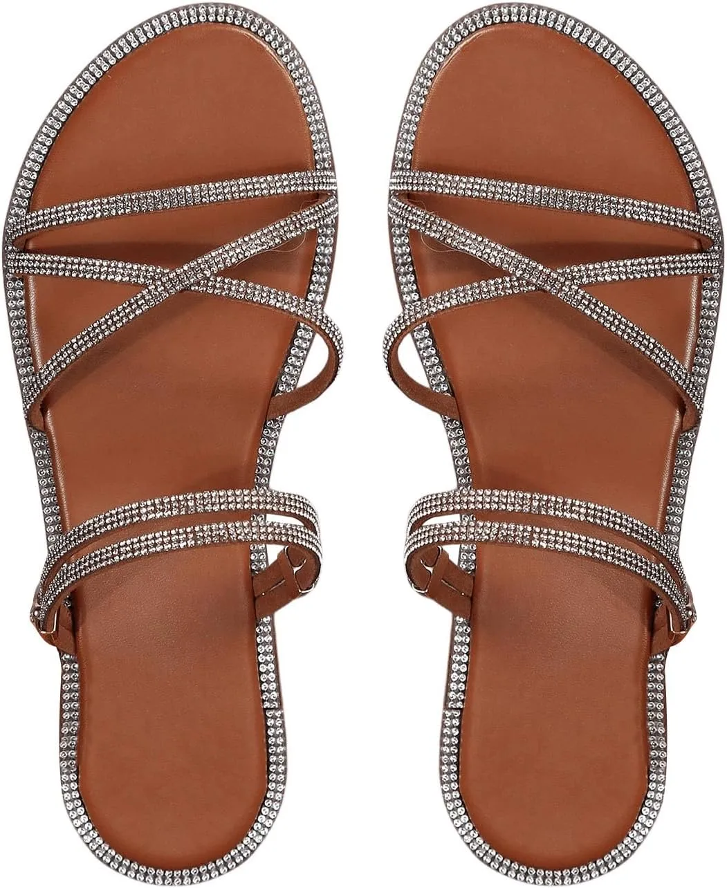 OYOANGLE Women's Rhinestone Strappy Open Toe Slide Sandals Slip on Casual Flat Sandals