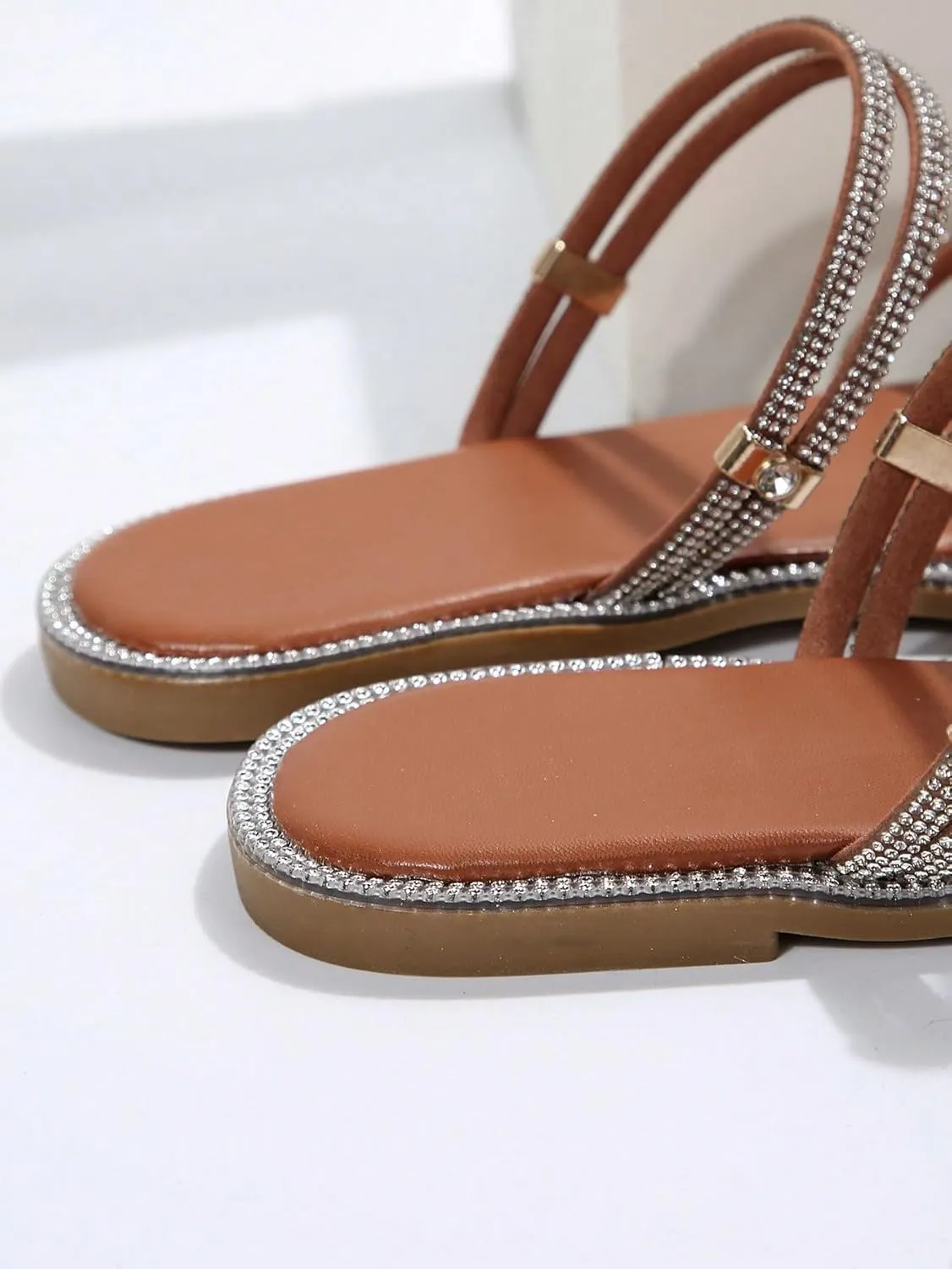OYOANGLE Women's Rhinestone Strappy Open Toe Slide Sandals Slip on Casual Flat Sandals