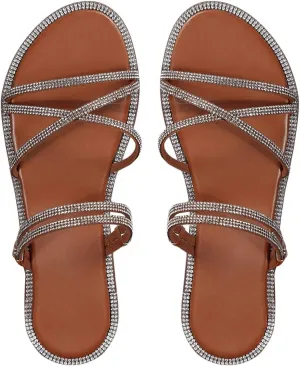 OYOANGLE Women's Rhinestone Strappy Open Toe Slide Sandals Slip on Casual Flat Sandals