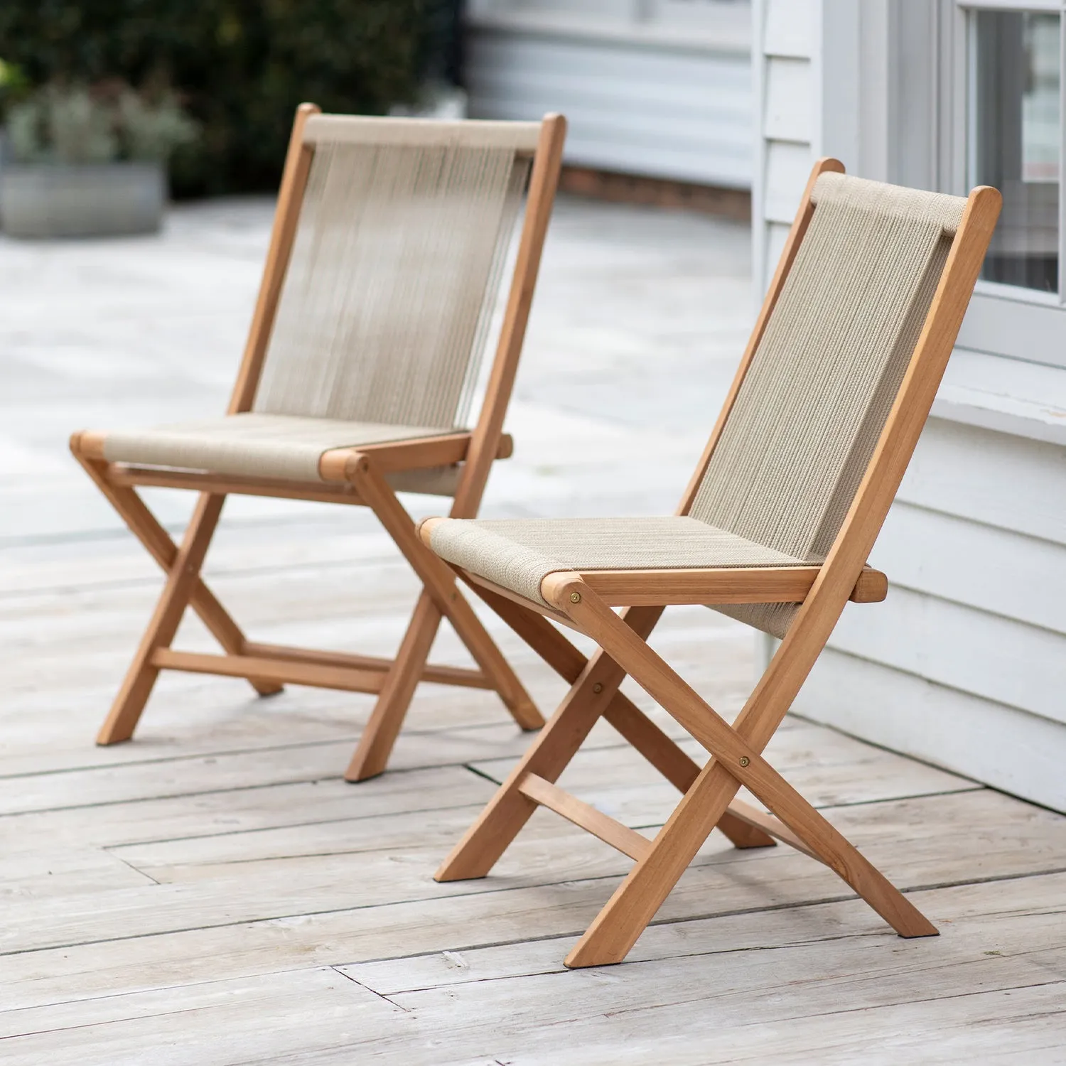 Pair of Carrick Outdoor Foldable Chairs Teak and Poly Rope