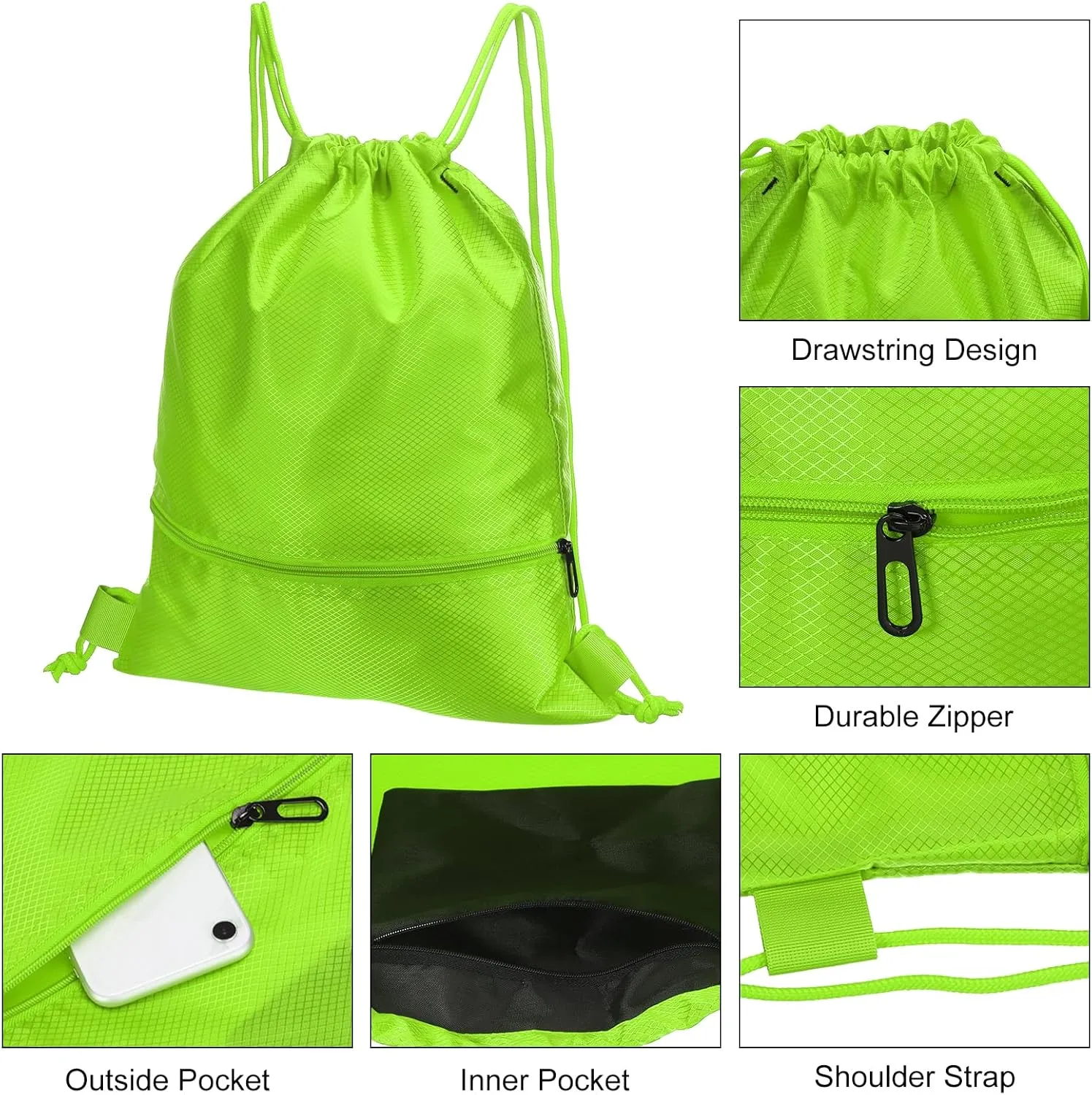 PATIKIL Drawstring Backpack Bag, Drawstring Gym Bags String Backpack with Zip Pocket for Women Men, Green
