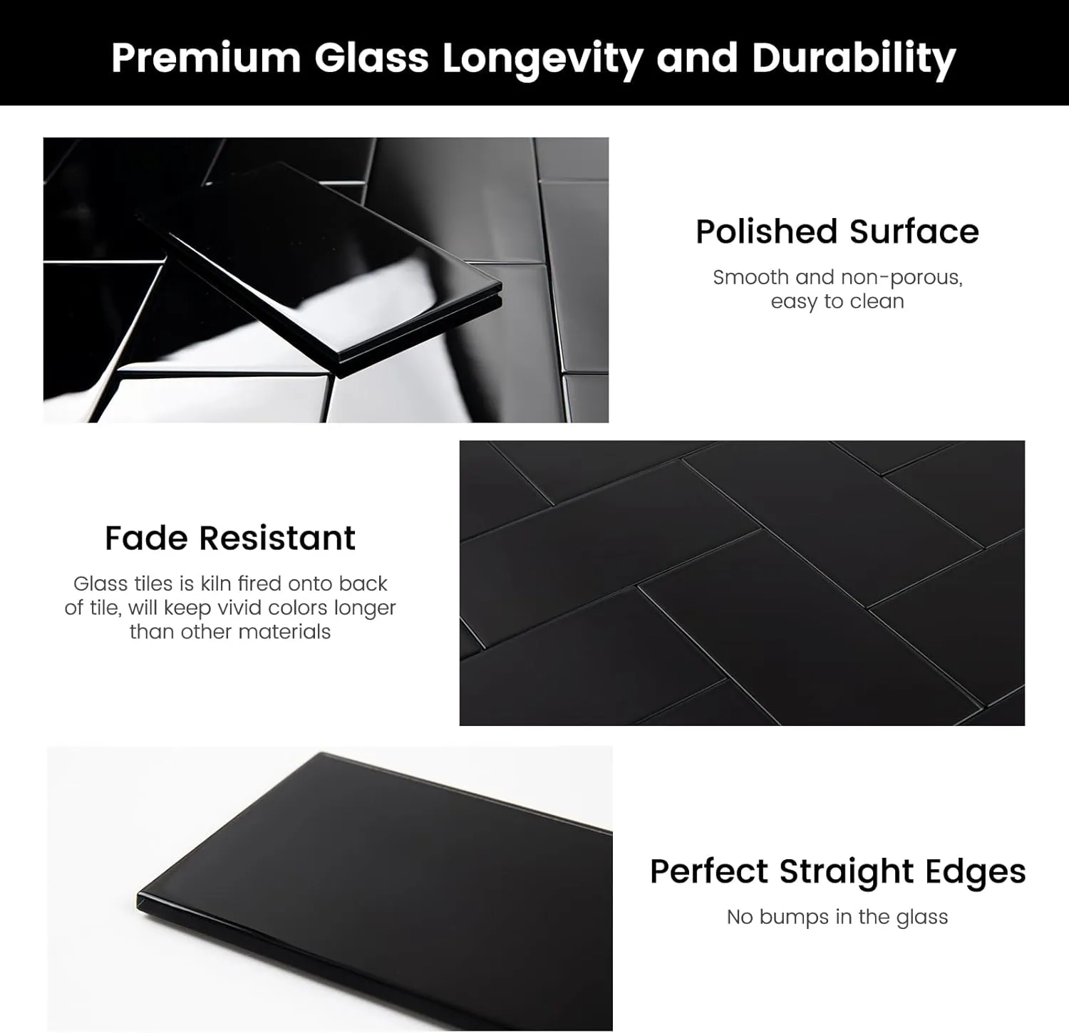 Peel and Stick Glass Subway Tiles, 3 x 6 Inch, Black Glass Tiles for Backsplash, Kitchen Backsplash Wall, Pack of 40 Pieces, 5sq.ft