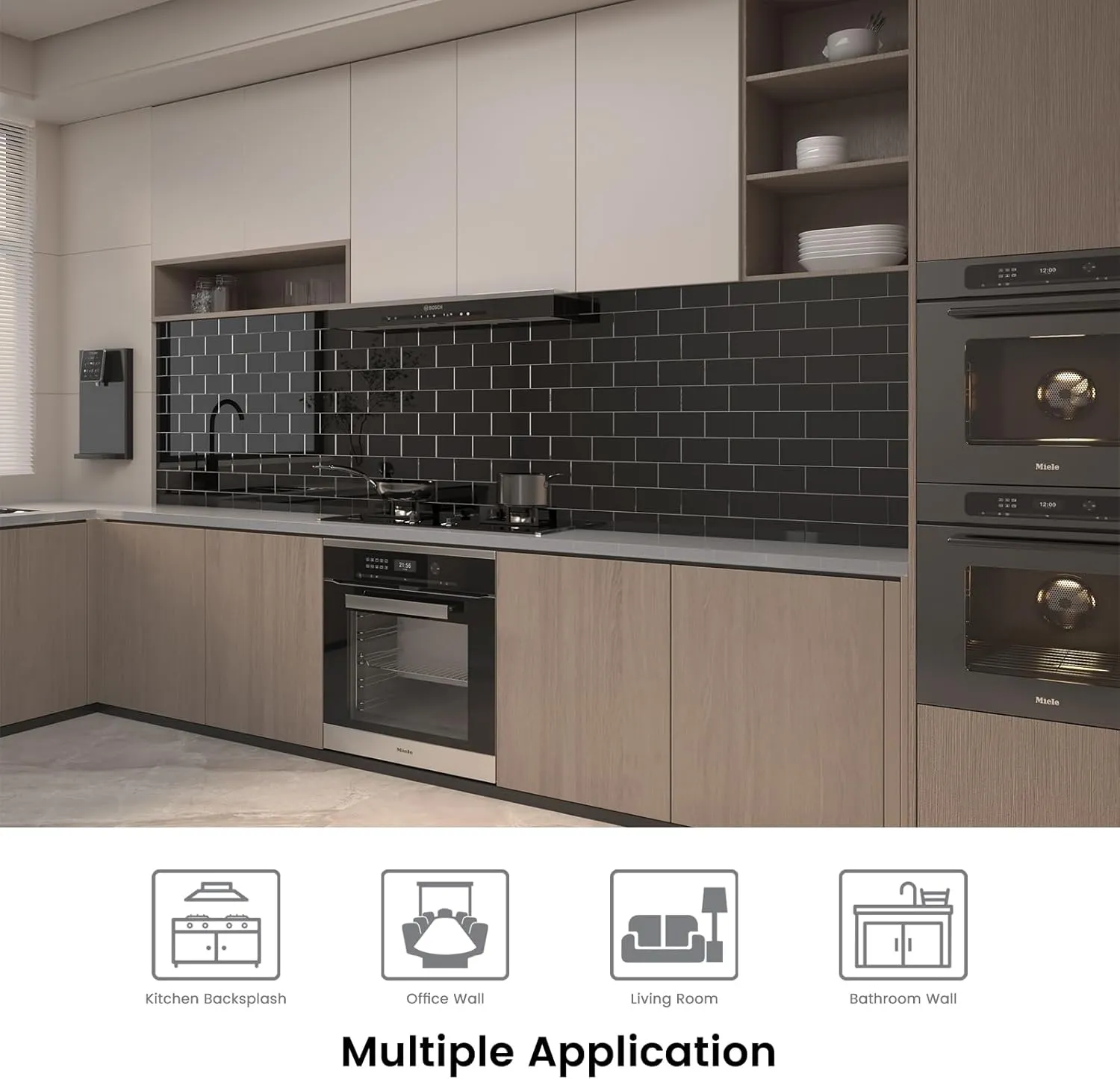 Peel and Stick Glass Subway Tiles, 3 x 6 Inch, Black Glass Tiles for Backsplash, Kitchen Backsplash Wall, Pack of 40 Pieces, 5sq.ft