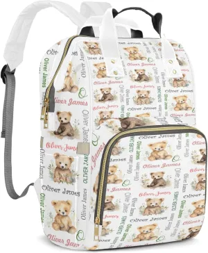 Personalized Diaper Backpack with Name, Custom Bear Baby Backpack Diaper Bag, Boy Girl Multifunctional Mommy Bag
