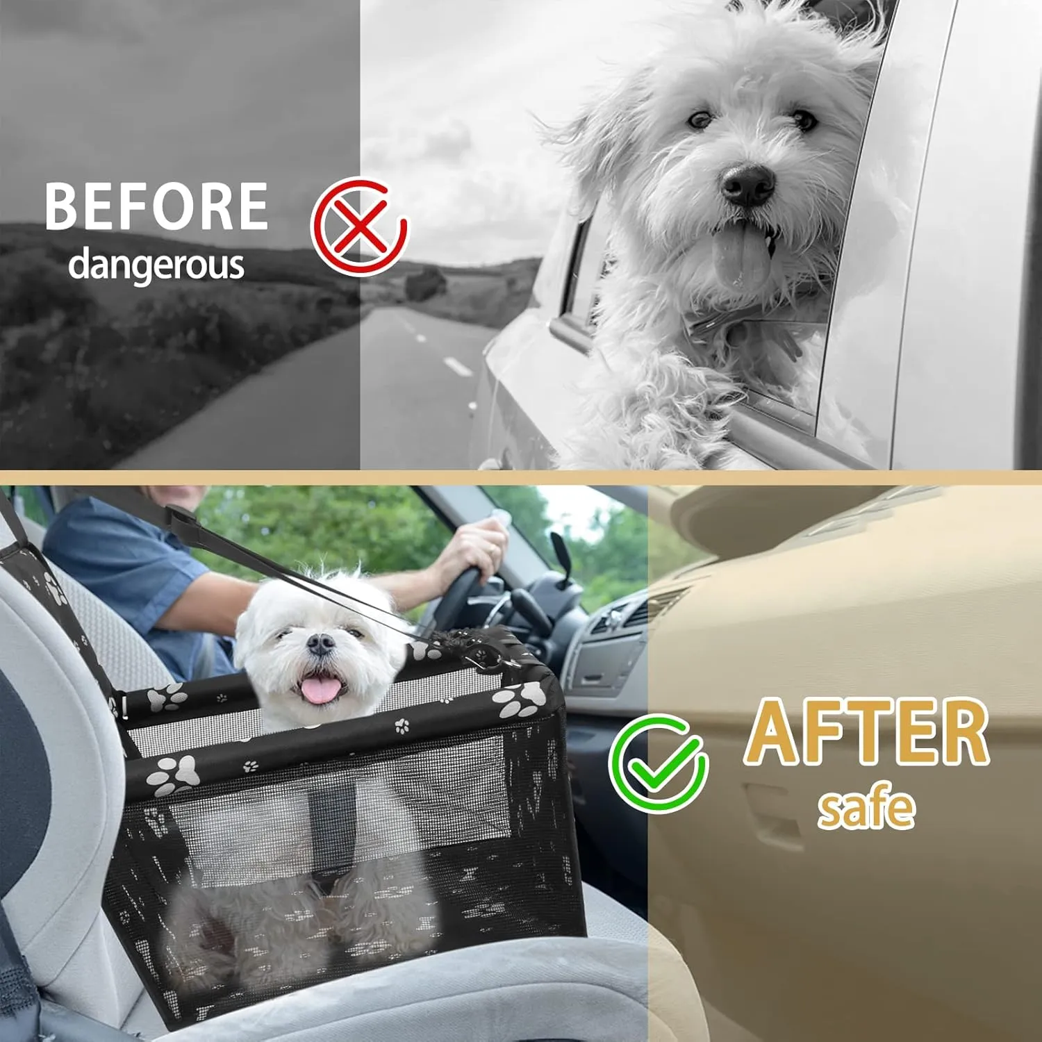 PetsHome Dog Car Seat, Foldable Dog Car Booster Seat Waterproof Breathable Oxford Travel Bag for Small to Medium Dogs, Puppies, and Pets-Pattern Black